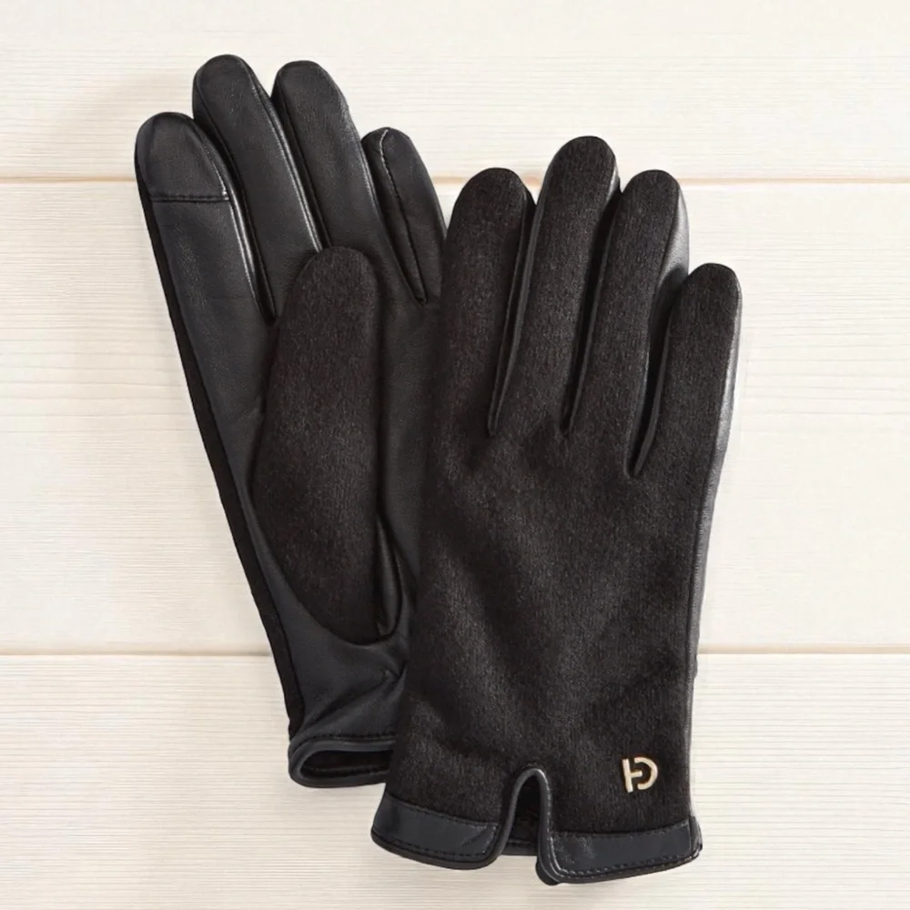 Cole Haan Woven Backed Gloves TOUCHSCREEN Leather Glove in Black MEDIUM NWT